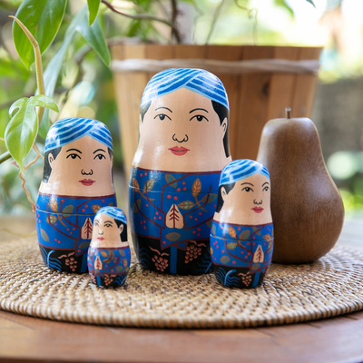 Recycled teak nesting dolls, 'Batik Matryoshka' (set of 4) - 4 Recycled Teakwood Nesting Dolls with Javanese Batik Motifs