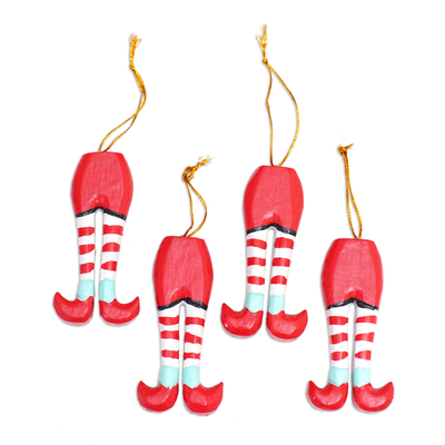 Wood ornaments, 'Christmas Elves' (set of 4) - Set of 4 Hand-Painted Wood Elf Themed Ornaments from Bali