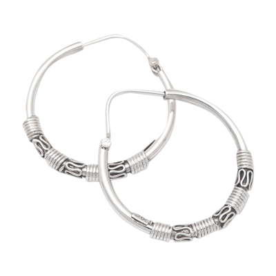 Sterling silver hoop earrings, 'Mystic Cycles' - Polished Traditional Sterling Silver Hoop Earrings from Bali