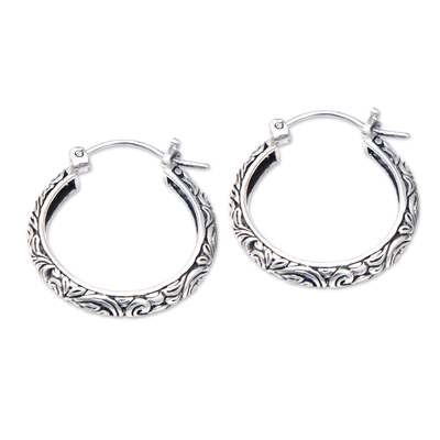 Sterling silver hoop earrings, 'Beauty of Paradise' - Sterling Silver Hoop Earrings with Leaf Motifs from Bali