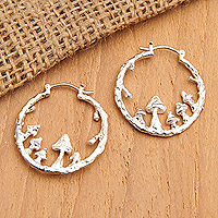 Sterling silver hoop earrings, 'Mushroom World' - Nature-Themed Round Sterling Silver Hoop Earrings
