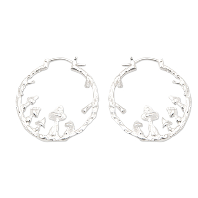 Sterling silver hoop earrings, 'Mushroom World' - Nature-Themed Round Sterling Silver Hoop Earrings