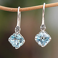 Blue topaz dangle earrings, 'Celestial Marvel' - Five-Carat Antique Cushion-Shaped Blue Topaz Dangle Earrings