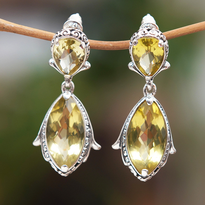 Lemon quartz dangle earrings, 'Imperial Bliss' - 17-Carat Pear and Marquise Lemon Quartz Dangle Earrings