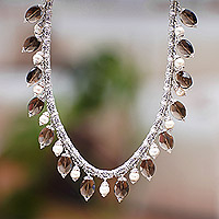 Smoky quartz and cultured pearl beaded necklace, 'Eclipses' - Traditional Smoky Quartz and Cultured Pearl Beaded Necklace