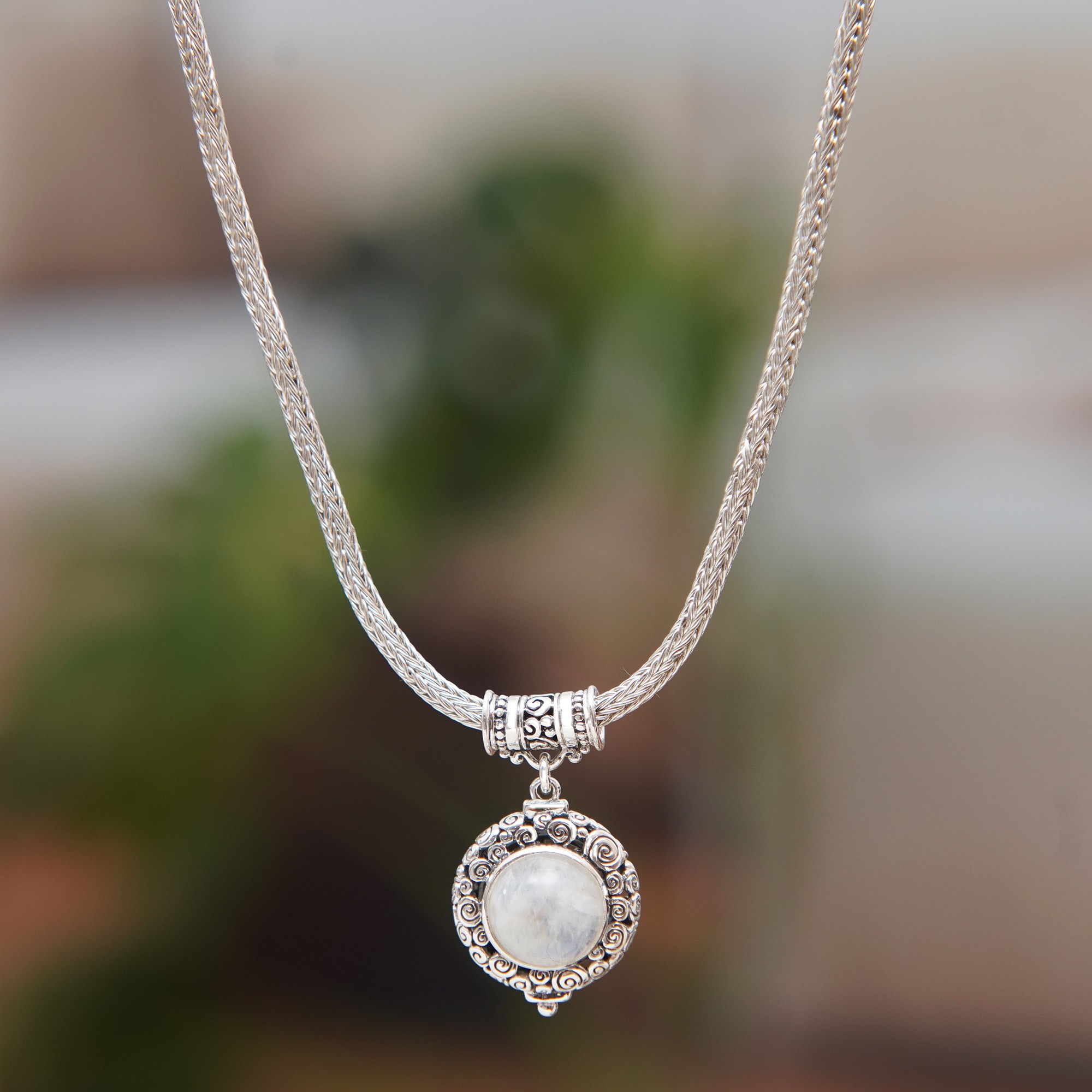 Sterling Silver Pendant Necklace with Rainbow Moonstone
