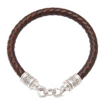 Men's leather braided wristband bracelet, 'Buddha Curl Wavy' - Men's Leather Braided Bracelet with Sterling Silver Clasp