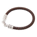 Men's leather braided wristband bracelet, 'Buddha Curl Wavy' - Men's Leather Braided Bracelet with Sterling Silver Clasp