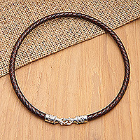 Men's leather braided wrap bracelet, 'Buddha Curl Double Hoop' - Men's Leather Braided Wrap Bracelet with 925 Silver Clasp