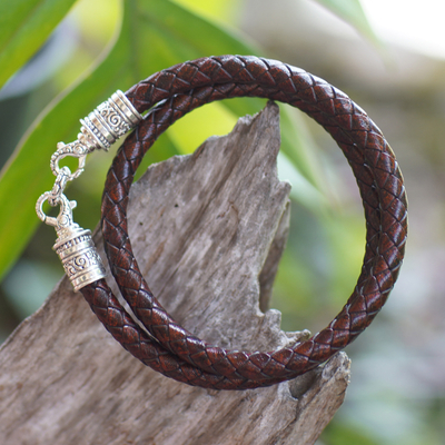 Men's leather braided wrap bracelet, 'Buddha Curl Double Hoop' - Men's Leather Braided Wrap Bracelet with 925 Silver Clasp