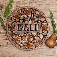 Wood relief panel, 'Greetings from Bali' - Nature-Themed Round Suar Wood Relief Panel from Bali