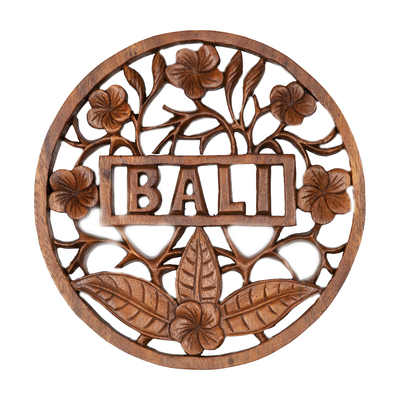 Wood relief panel, 'Greetings from Bali' - Nature-Themed Round Suar Wood Relief Panel from Bali