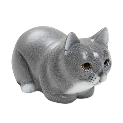 UNICEF Market  Standing Wood Kitten Figurine in Grey and White from Bali -  Curious Cat