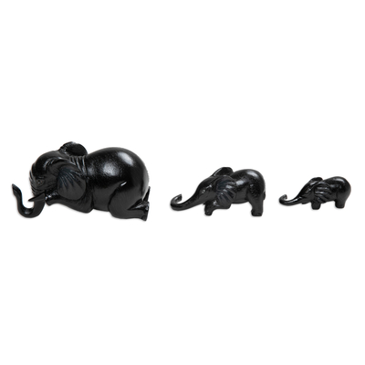 Wood sculptures, 'Nocturnal Family Fun' (set of 3) - Handmade Elephant Suar Wood Sculptures in Black (Set of 3)