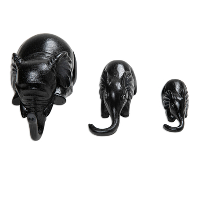 Wood sculptures, 'Nocturnal Family Fun' (set of 3) - Handmade Elephant Suar Wood Sculptures in Black (Set of 3)