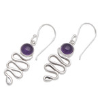 Amethyst dangle earrings, 'Zigzag Wisdom' - Polished Sterling Silver and Amethyst Dangle Earrings