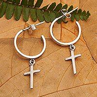 Sterling silver half-hoop earrings, 'Balance Cross' - Cross-Themed Modern Sterling Silver Half-Hoop Earrings
