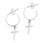 Sterling silver half-hoop earrings, 'Balance Cross' - Cross-Themed Modern Sterling Silver Half-Hoop Earrings