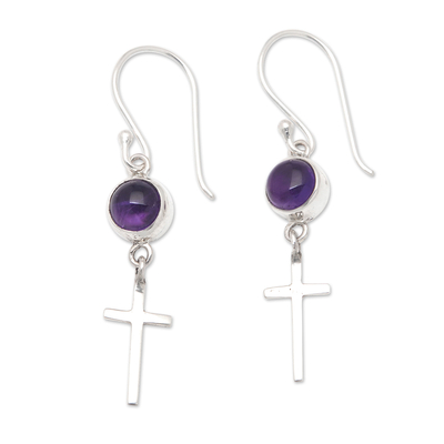 Amethyst dangle earrings, 'Heavenly Purple' - Polished Cross-Themed Amethyst Dangle Earrings from Bali