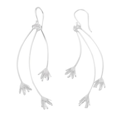 Sterling silver dangle earrings, 'Raining Lilies' - Floral Brushed-Satin Sterling Silver Dangle Earrings