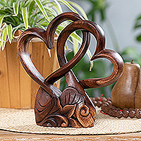 Wood sculpture, 'Beloved Heart' - Handmade Heart-Themed Floral and Leafy Suar Wood Sculpture