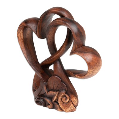 Wood sculpture, 'Beloved Heart' - Handmade Heart-Themed Floral and Leafy Suar Wood Sculpture