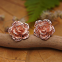 Rose gold-plated button earrings, 'Primaveral Rose' - Polished Floral 18k Rose Gold-Plated Button Earrings