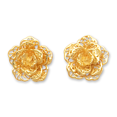 Gold-plated button earrings, 'Summery Rose' - Polished Floral 18k Gold-Plated Button Earrings