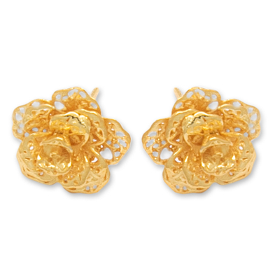 Gold-plated button earrings, 'Summery Rose' - Polished Floral 18k Gold-Plated Button Earrings