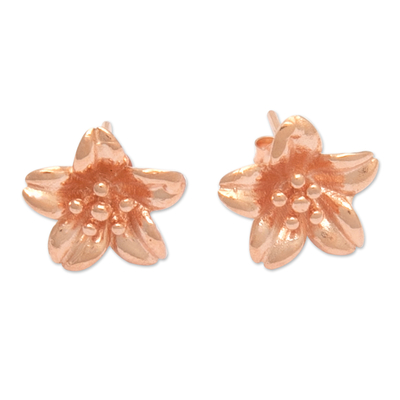 Rose gold-plated button earrings, 'Spring Frangipani' - 18k Rose Gold-Plated Floral Sterling Silver Button Earrings