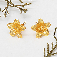 Gold-plated button earrings, 'Summery Frangipani' - 18k Gold-Plated Floral Sterling Silver Button Earrings