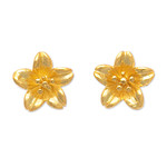 Gold-plated button earrings, 'Summery Frangipani' - 18k Gold-Plated Floral Sterling Silver Button Earrings