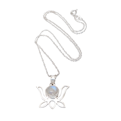 Rainbow moonstone pendant necklace, 'Heaven Lotus' - Polished Lotus-Shaped Rainbow Moonstone Pendant Necklace