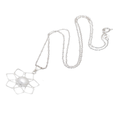 collar con colgante de perlas cultivadas - Collar con colgante floral de plata 925 y perla cultivada de melocotón