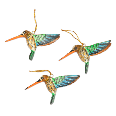 Adornos de madera, (juego de 3) - Juego de 3 adornos de colibrí pintados a mano de Bali