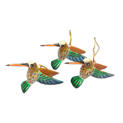 Wood ornaments, 'Hummingbird Joy' (set of 3) - Set of 3 Hand-Painted Hummingbird Ornaments from Bali