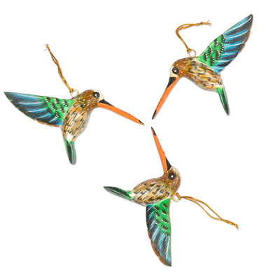 Wood ornaments, 'Hummingbird Joy' (set of 3) - Set of 3 Hand-Painted Hummingbird Ornaments from Bali