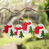 Wood ornaments, 'Christmas Snowmen' (set of 4) - Set of 4 Hand-Painted Wood Snowmen Ornaments from Bali