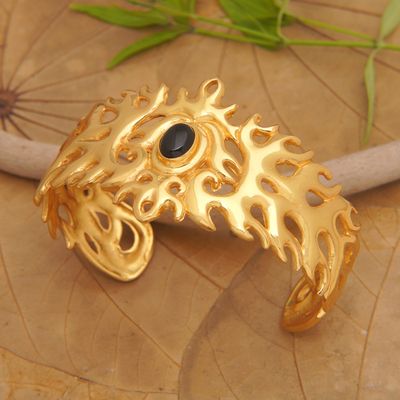 Gold-plated onyx cuff bracelet, 'Flaming Mysticism' - Traditional 22k Gold-Plated Cuff Bracelet with Onyx Cabochon
