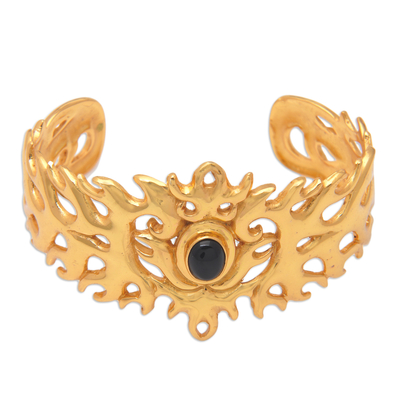 Gold-plated onyx cuff bracelet, 'Flaming Mysticism' - Traditional 22k Gold-Plated Cuff Bracelet with Onyx Cabochon