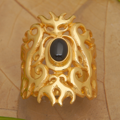 Gold-plated onyx cocktail ring, 'Flaming Mysticism' - Traditional 22k Gold-Plated Cocktail Ring with Onyx Cabochon