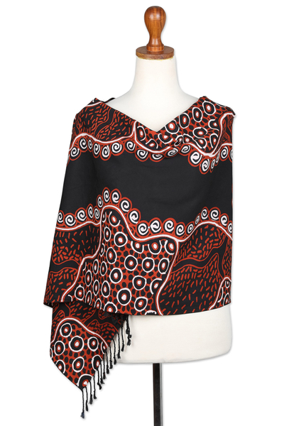Batik rayon scarf, 'Wonderful Java' - Fringed Batik Rayon Scarf in Orange & Black Handmade in Java