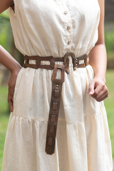 Cinturón de cuero - Cinturón moderno de cuero marrón oscuro con hebilla de gancho de latón