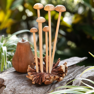 Natural Wood Bali Mushroom Decor Set Of 3