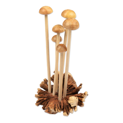 Wood figurine, 'Mushroom Spectacle' - Wood Sculpture with Mushroom-Like Base Handcrafted in Bali