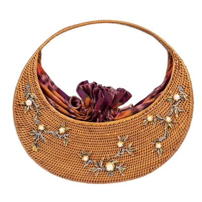 Gold-accented natural fiber handle bag, 'Woman’s Bloom' - Natural Fiber Handle Bag with 18k Gold Accents and Pearls