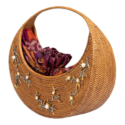 Gold-accented natural fiber handle bag, 'Woman’s Bloom' - Natural Fiber Handle Bag with 18k Gold Accents and Pearls