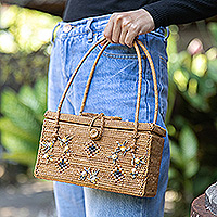 Gold-accented natural fiber handle bag, 'Summer Flower' - Natural Fiber Handle Bag with Gold Silver & Cultured Pearls