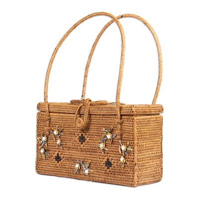 Gold-accented natural fiber handle bag, 'Summer Flower' - Natural Fiber Handle Bag with Gold Silver & Cultured Pearls