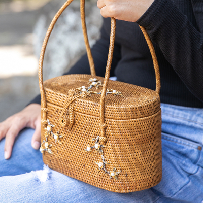 Gold-accented natural fiber handle bag, 'Springtime Flower' - Natural Fiber Gold Silver and Cultured Pearl Handle Bag